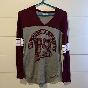 Burgundy and grey hooded long sleeve Henley